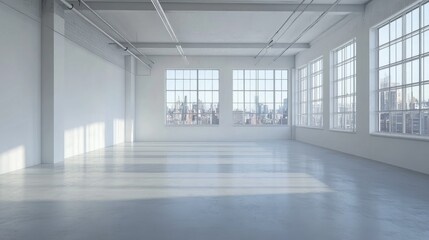 Fototapeta premium Empty loft interior with large windows overlooking city skyline.