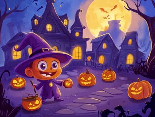 Fototapeta premium Charming Halloween Wizard Monster with Haunted House and Pumpkins