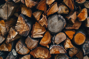 Processed image of pile of chopped fire wood prepared for winter. Firewood dry chopped background