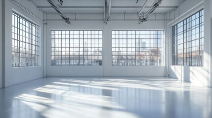 Empty room with large windows overlooking cityscape.