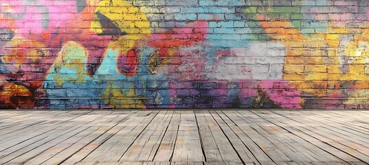A bold, colorful graffiti wall with a blank white space for text