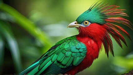 A vibrant green and red bird with a prominent crest, perched in a lush green forest setting.