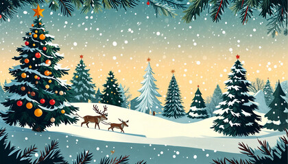 Winter Wonderland with Snow-Covered Trees and Reindeer
