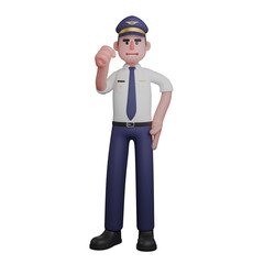 3D Male Aviation Expert. A pilot is standing with his left hand on his waist while his right hand is clenched upwards. Illustrated Character