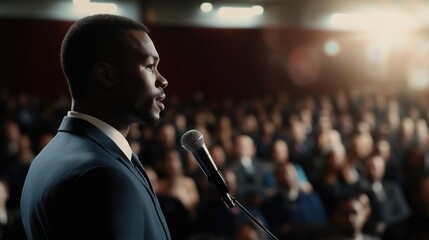 Profile view of african american businessman with microphone motivational speaker in his her audience at a conference meeting with copyspace background