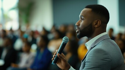 Profile view of african american businessman with microphone motivational speaker in his her audience at a conference meeting with copyspace background