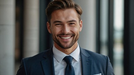 Fototapeta premium 笑顔でカメラを見つめるハンサムなビジネスマンのフォーマルな魅力を捉えた一枚