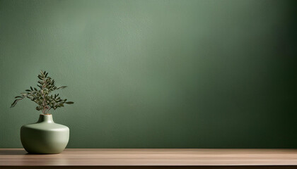 Monochrome texture sage wall in a living room with a simple table and empty space.
