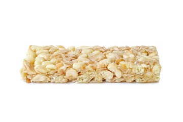 Muesli bar or granola bar isolated on white background.