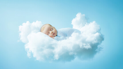 Cute Sleeping Baby Sleeping On A White And Soft Cloud, Studio Photo, A Light Green Background, Baby Floating On A Cloud