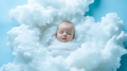 Cute Sleeping Baby Sleeping On A White And Soft Cloud, Studio Photo, A Light Green Background, Baby Floating On A Cloud