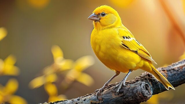 A vibrant yellow finch perches on a branch, its plumage glowing in the warm sunlight. The background is a soft blur of yellow flowers, creating a harmonious and cheerful scene.