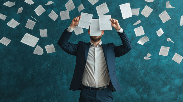 Businessperson caught in a storm of unpaid bills, depicting financial distress