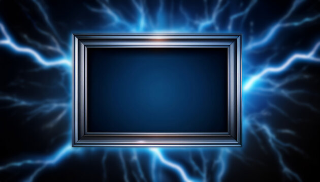blaugrauer Rahmen mit blauer Freifl&auml;che zentriert in der Mitte, umrahmt von verschwommenen Blitzen auf, schwarzblauem Hintergrund, fotorealistische Illustration