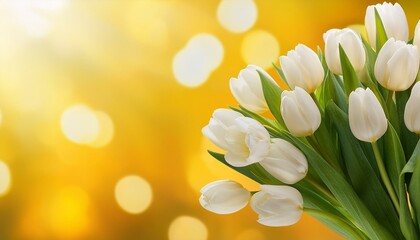 Obraz premium bouquet of white tulips on a blurred yellow background