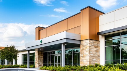 Contemporary hospital exterior with a mix of steel, glass, and stone elements, clean design lines, and integrated signage, highlighting modern healthcare infrastructure