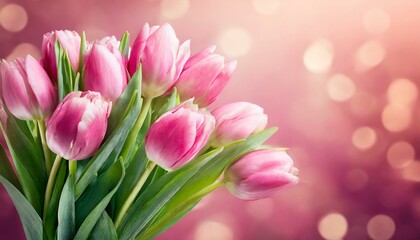 Fototapeta premium bouquet of pink tulips on a blurred pink background