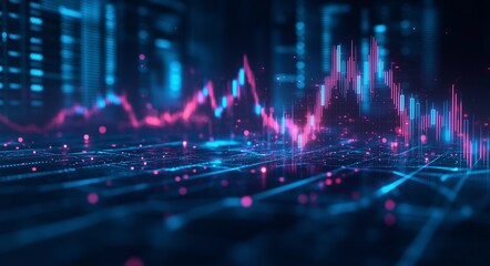 Fototapeta premium Abstract Financial Chart with Glowing Lines and Upward Arrows on a Dark Blue Background, Symbolizing Rising Market Trends and Business Growth in a Modern Expressionist Style