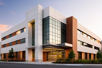 Sleek, glass-fronted modern hospital facade with clean lines, integrated lighting, and a welcoming entrance, showcasing contemporary healthcare architecture