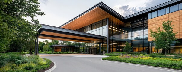 Fototapeta premium Modern hospital exterior with layered glass and metal elements, a wide entrance canopy, and landscaped surroundings, designed for both aesthetics and functionality