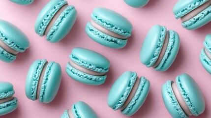 French sweet blue macaroons on color background,French macaron cookies baked pattern,french macaroons,Paris Pastry,bakery and branding concept,Delicious french desserts,copy space.