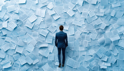Businessperson walking into a labyrinth of tax forms, depicting tax complexity