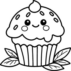 coloring book, coloring, outline, line, cute, funny, drawing, icon, illustration, vector, black, cover book, book, cartoon, cupcake, cake, food, dessert, birthday, muffin, bakery, baked, snack, delici