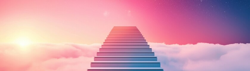 Obraz premium A serene staircase leads to a colorful sky, symbolizing aspiration and transcendence through clouds at sunrise.