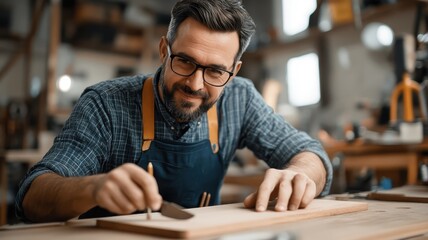 Asian men working on a DIY project in a contemporary workshop, with a clean work area and organized tools and materials.