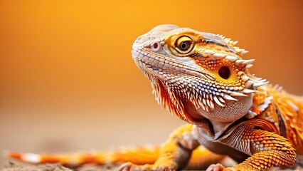 Fototapeta premium Close-up portrait of a bearded dragon lizard with a yellow and orange background.