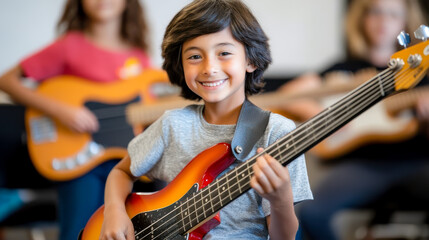 A dynamic and engaging scene in a high school music class where students are practicing with various instruments, from guitars and keyboards to drums and violins, the room filled with the sounds of