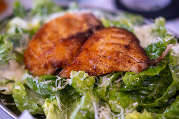 Grilled fish salad with sauce served on plate