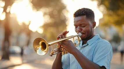 African men practicing trumpet in a quiet park, their music blending with nature.