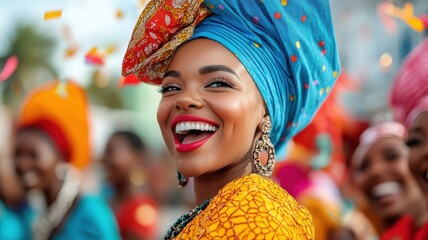 Fototapeta premium African women celebrating in a vibrant festival set, adorned in traditional attire with colorful decorations and energetic music.