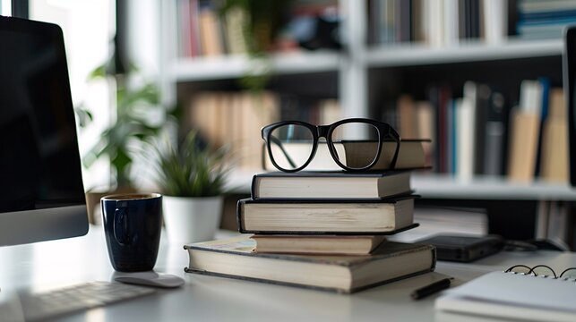 07231249 186. A neat stack of books with glasses perched on top, next to a sleek computer on a modern desk, creating a scholarly and productive workspace
