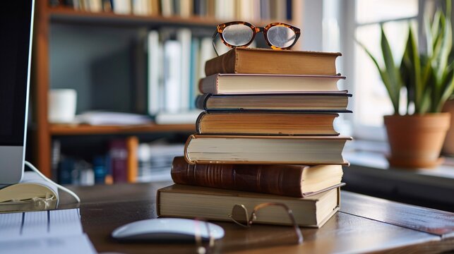 07231249 186. A neat stack of books with glasses perched on top, next to a sleek computer on a modern desk, creating a scholarly and productive workspace