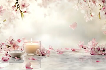 Serene ambiance of pink flowers with a candle, evoking tranquility and harmony in a beautifully designed setting.