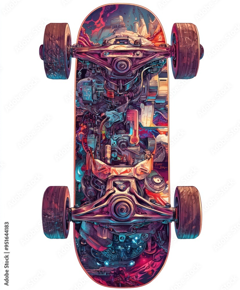 Poster A vibrant, artistic skateboard design featuring intricate mechanical and abstract elements.