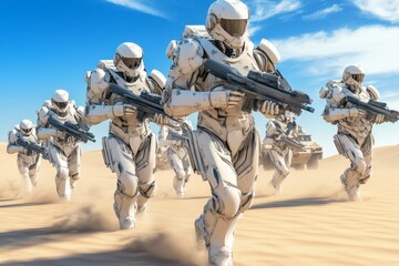 Elite Soldiers in High-Tech Exoskeleton Suits Prepping for Combat with Copy Space