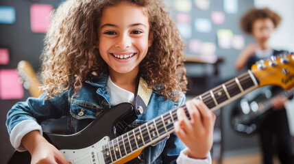 Smiling playing guitar, learning musical instrument together generated by AI