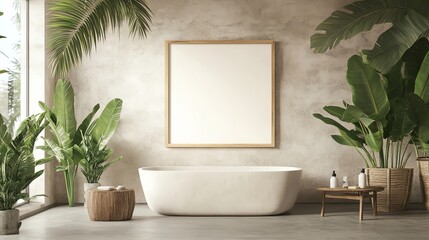 Elegant bathroom design featuring a freestanding tub, large plants, and a blank frame for artistic decor.