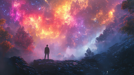 A lone figure stands on a rocky terrain, looking at a vibrant, colorful sky filled with glowing cosmic lights.