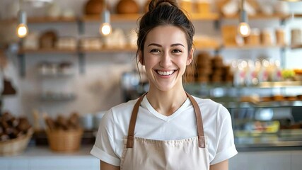 Smiling woman in apron working at a bakery, friendly service and customer satisfaction.