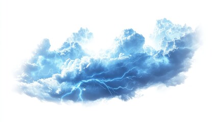 Fototapeta premium Realistic storm clouds with vivid blue lightning bolts, captured in high detail against a stark white background.