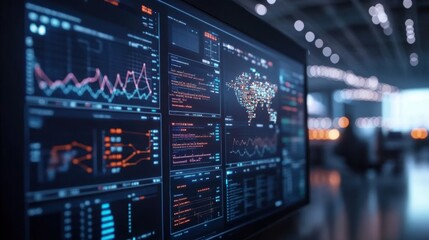 Aerospace supply chain managers analyzing data on a digital dashboard, focusing on industry trends and logistics flow