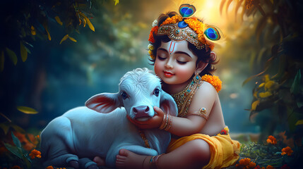Baby Krishna with his cow, Lord Krishna hugging a calf on Happy Janmashtami holiday Indian festival greeting background