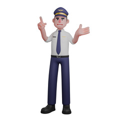 3D Cartoon Aircraft Pilot. A pilot is standing as if he is delivering information. Aviation Action