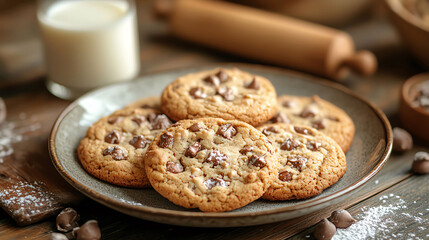 A rustic kitchen scene with a plate of freshly baked cookies, a glass of milk, and a rolling pin in the background soft focus on the cookies