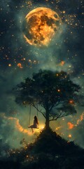 night sky glowing moon solitary tree person swing
