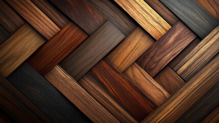 Interlocking Wooden Planks, Dark Brown and Golden Tones, Abstract Background Texture.
